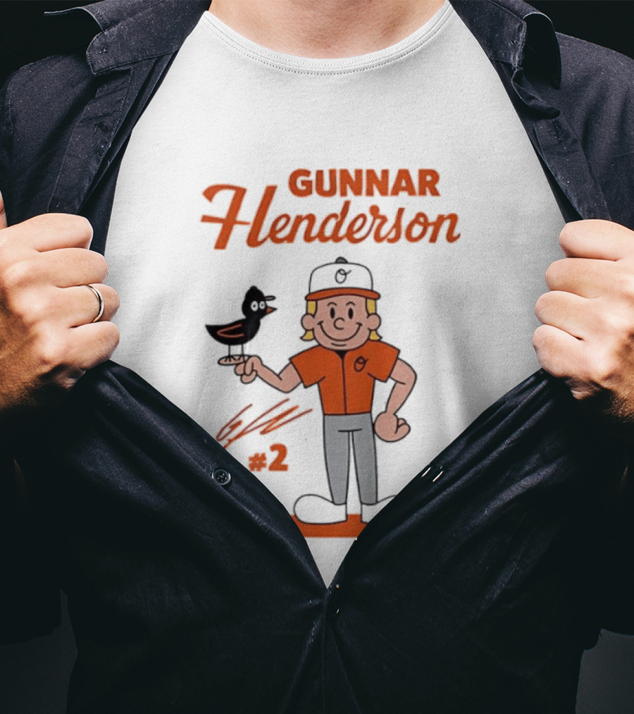Gunnar Henderson Baltimore Orioles MLB Player Cartoon Character With Bird And Number 2 T-Shirt