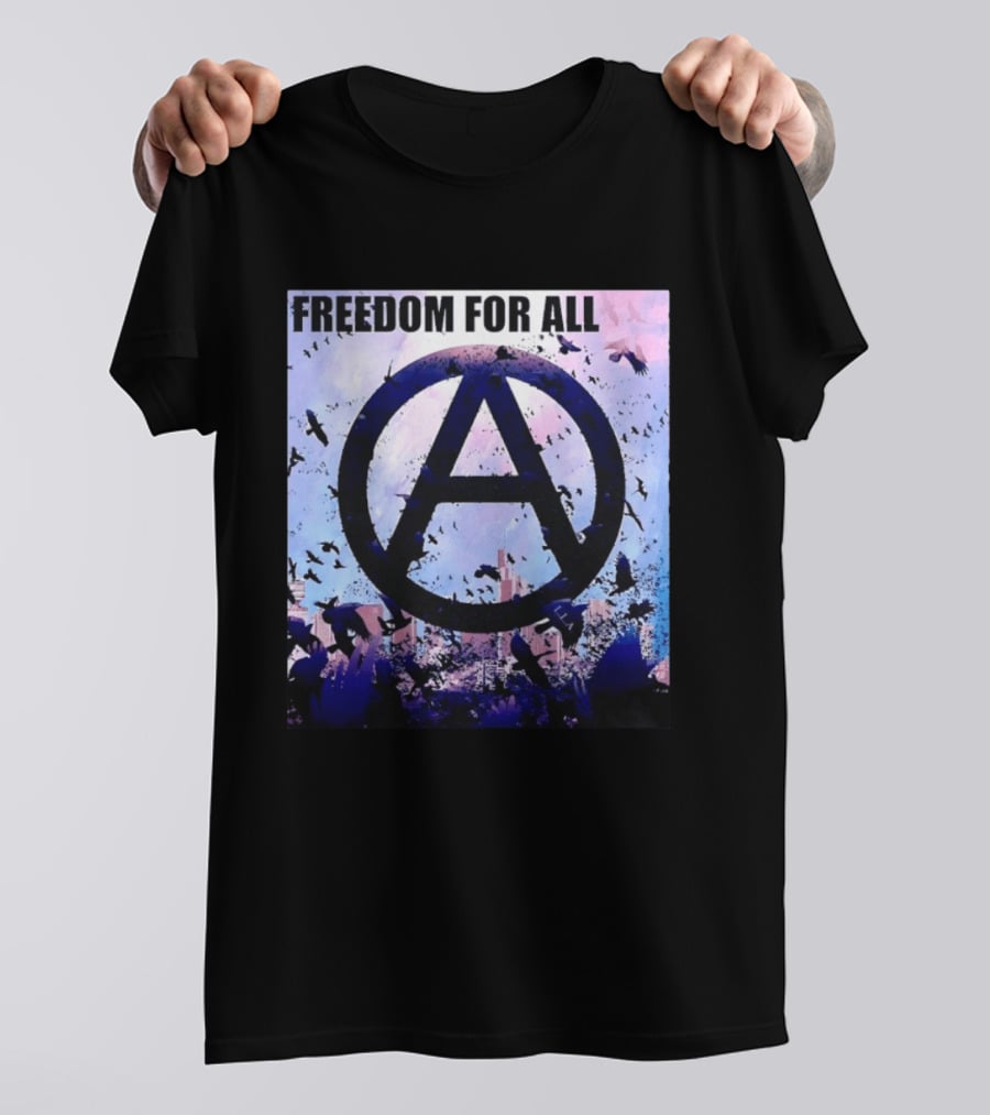FdA IFA Freedom For All Anarchy Symbol With Birds And City Skyline T-Shirt