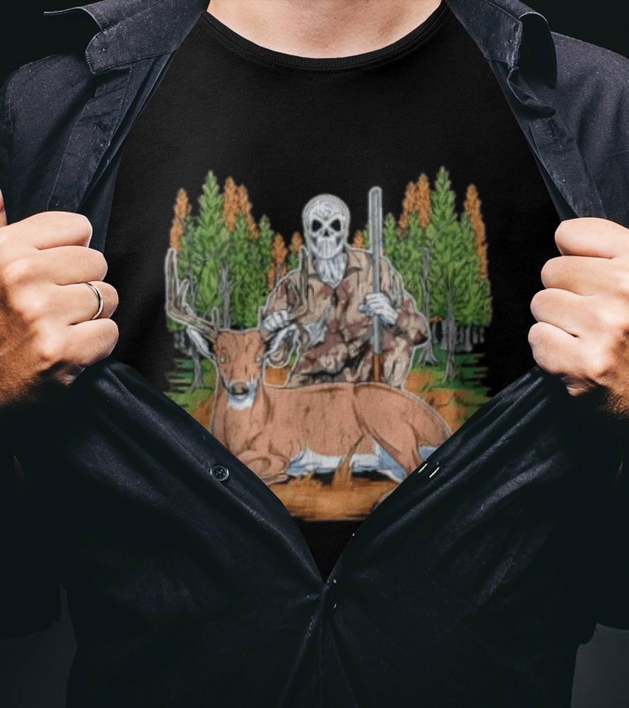 Skeleton Deer Hunting Skull Mask Camouflage Forest Scene T-Shirt