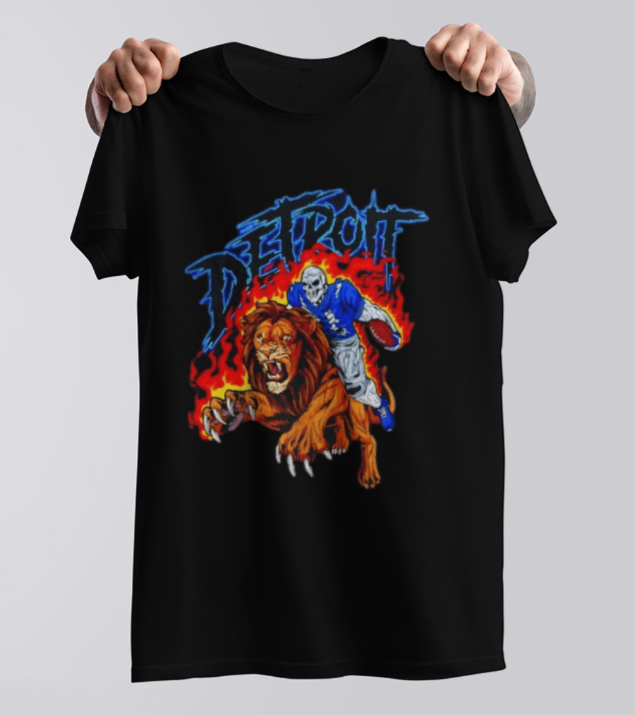 Detroit Skeleton Football Player Lion Fire Fusion T-Shirt