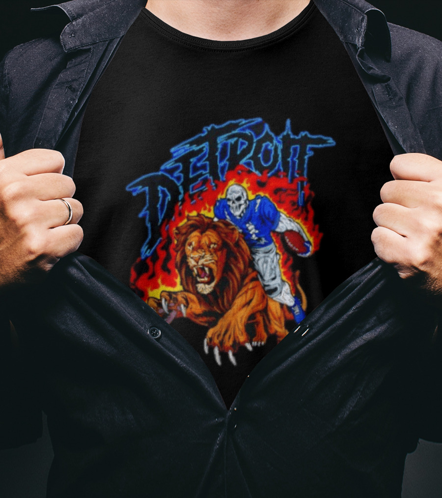 Detroit Skeleton Football Player Lion Fire Fusion T-Shirt