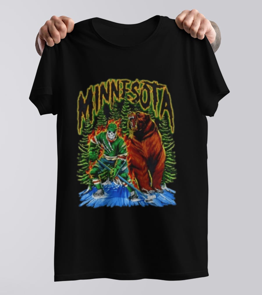 Minnesota Wild Hockey Skeleton Bear Forest Fire T-Shirt