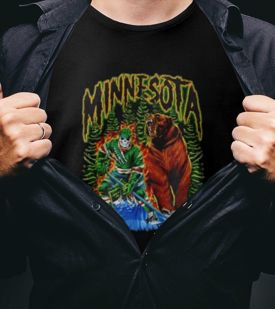 Minnesota Wild Hockey Skeleton Bear Forest Fire T-Shirt