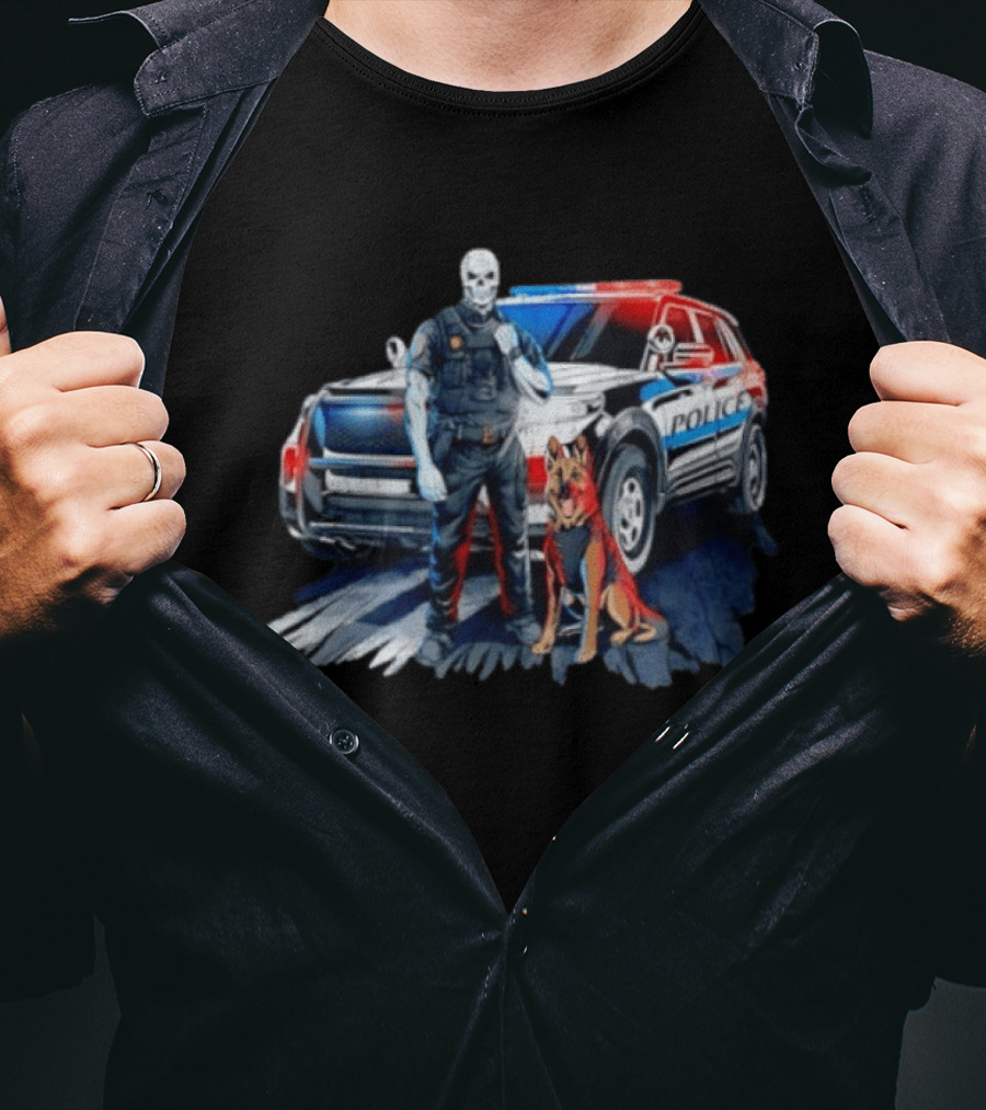 Skeleton Police Officer And Working Dog With Patrol Car T-Shirt