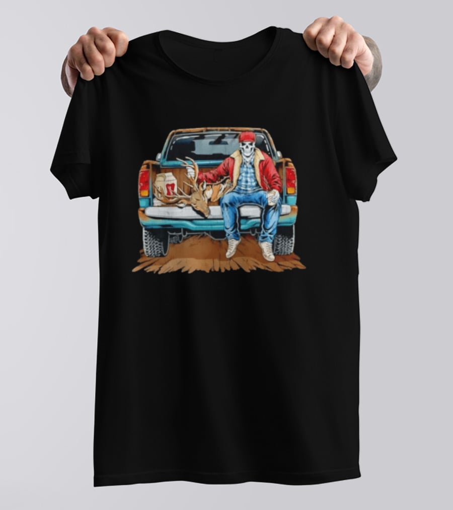 Skeleton Cowboy With Deer Antlers Truck Scene T-Shirt