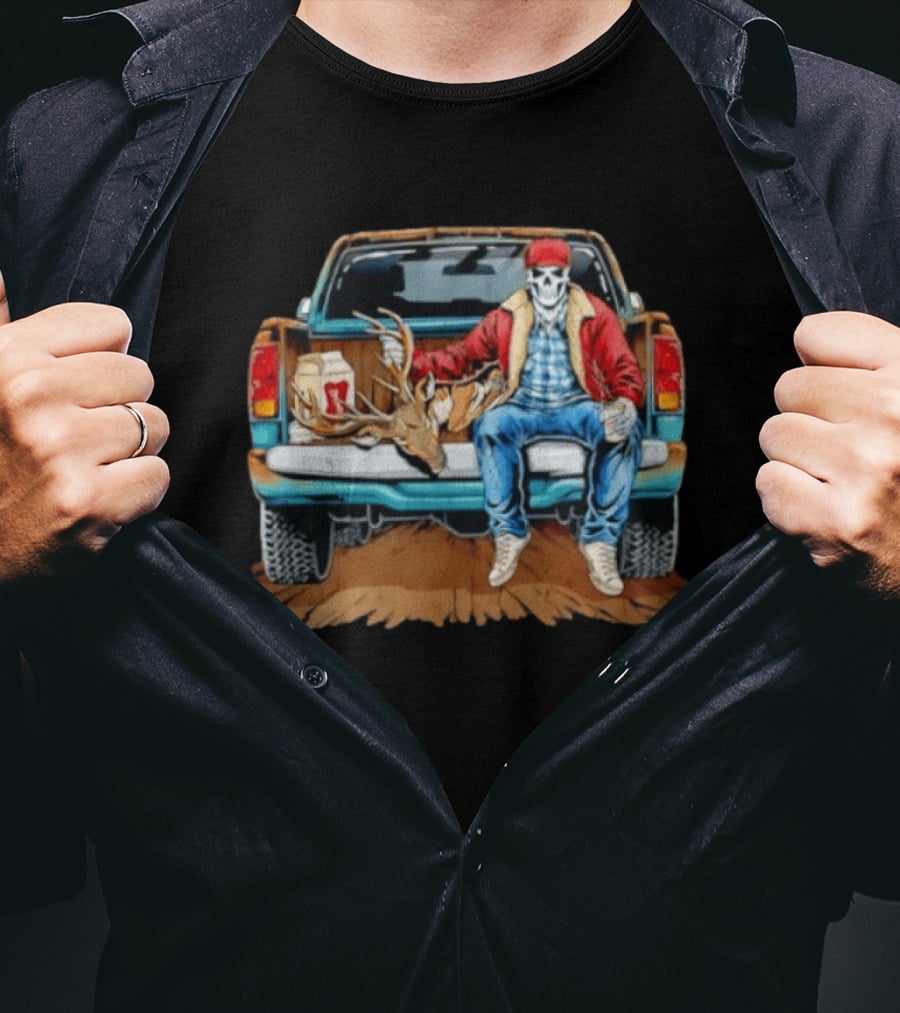 Skeleton Cowboy With Deer Antlers Truck Scene T-Shirt