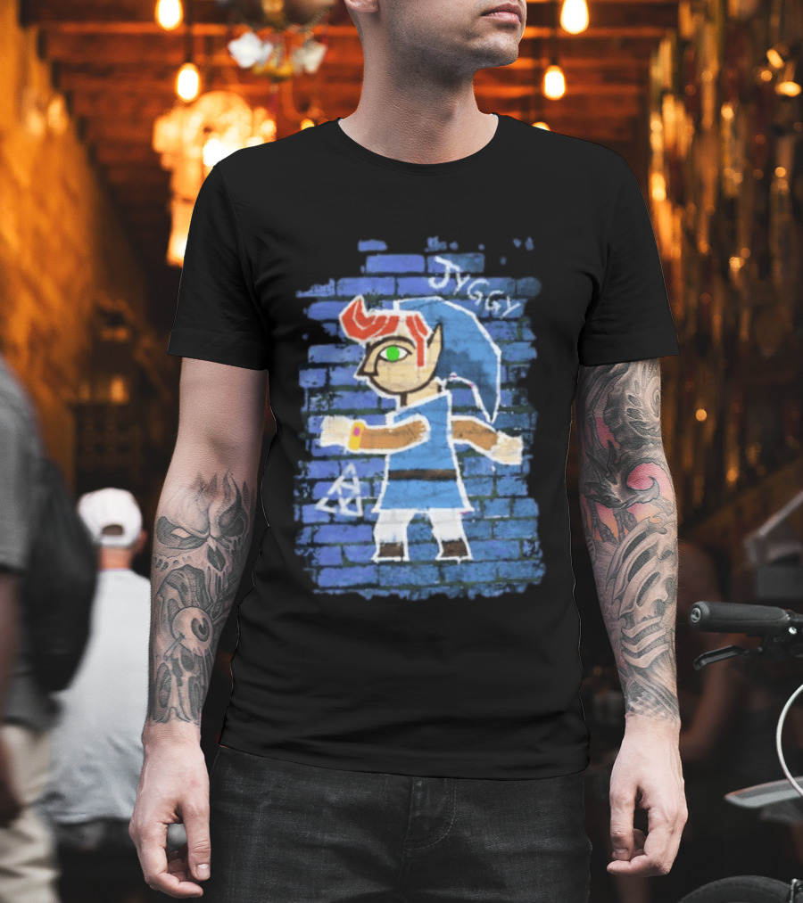 Jyggy ALBJ Character With Triforce On Blue Brick T-Shirt