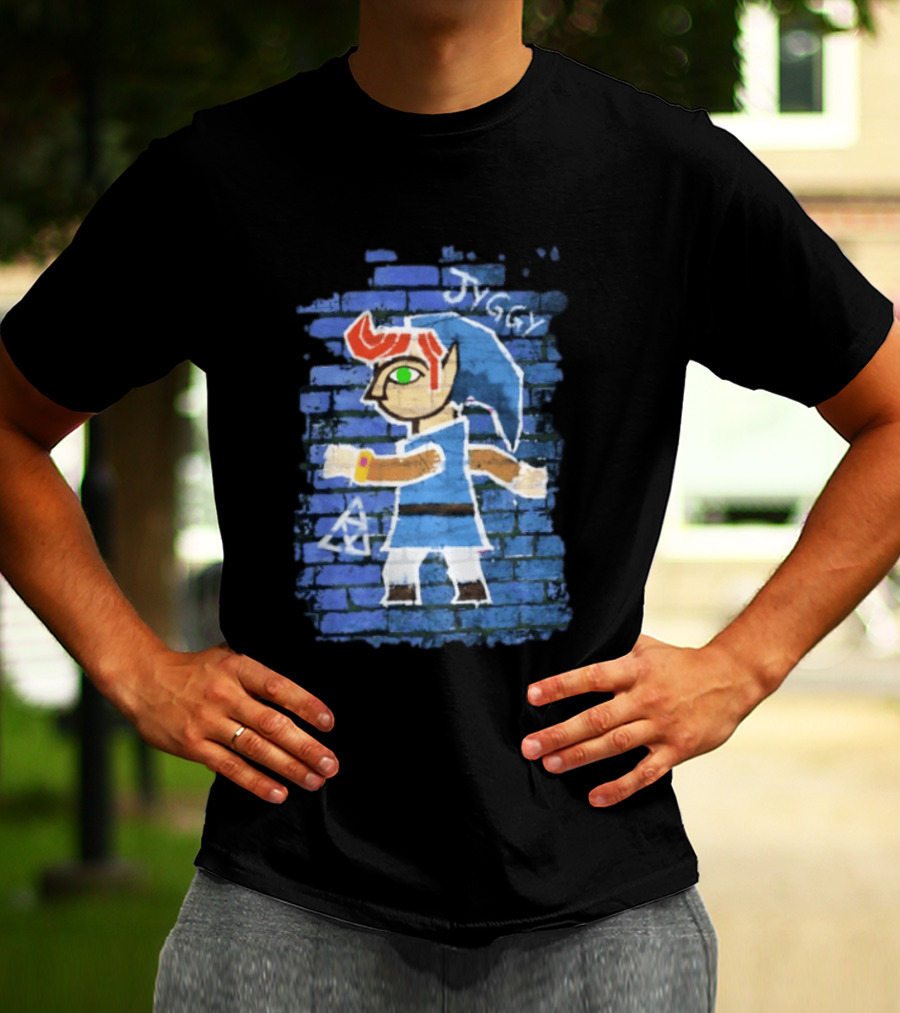 Jyggy ALBJ Character With Triforce On Blue Brick T-Shirt