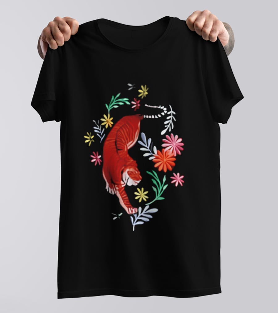 Todd Herzog Bengal Tiger Floral Motif With Vibrant Blooming Flowers T-Shirt