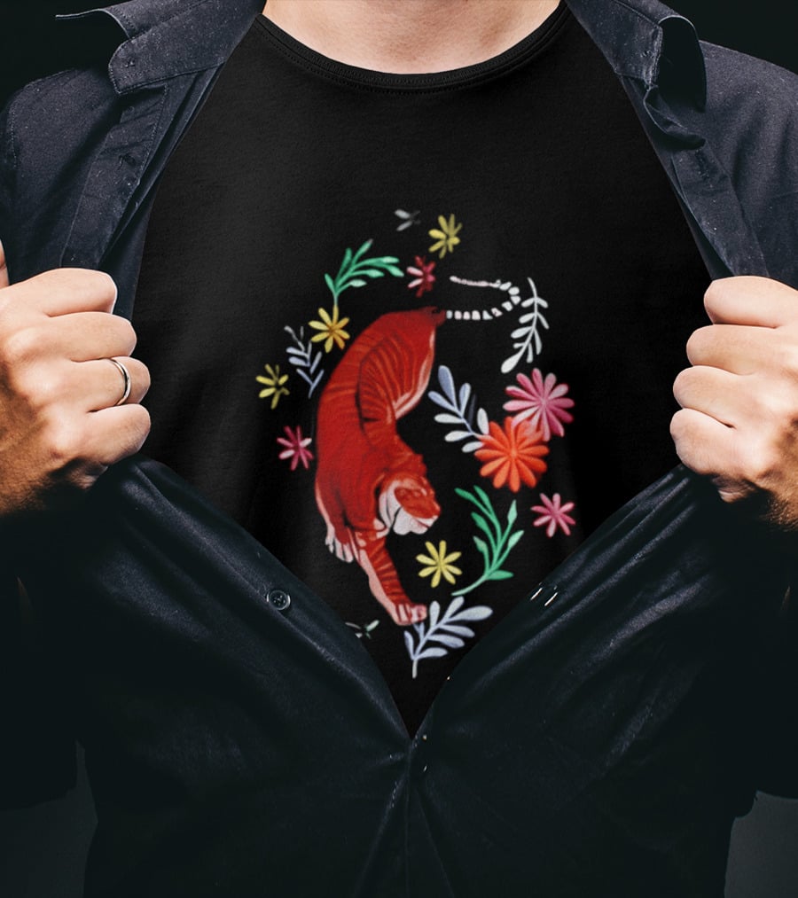 Todd Herzog Bengal Tiger Floral Motif With Vibrant Blooming Flowers T-Shirt