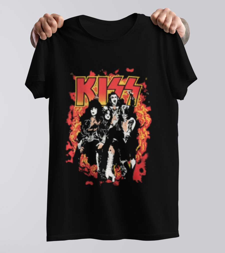 Kiss Flames And Flames All Over With Iconic Band T-Shirt