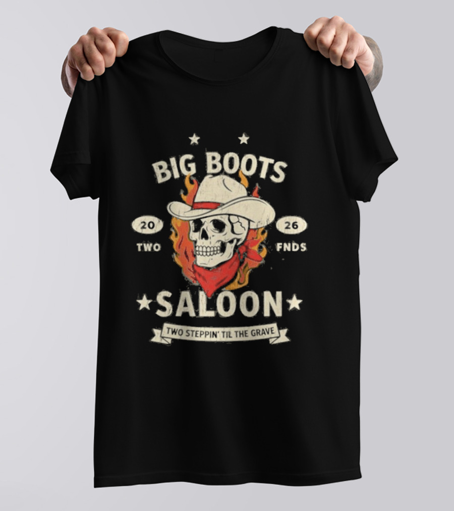 Big Boots Saloon Two Friends Cowboy Skull Flames Vintage 2018 T-Shirt