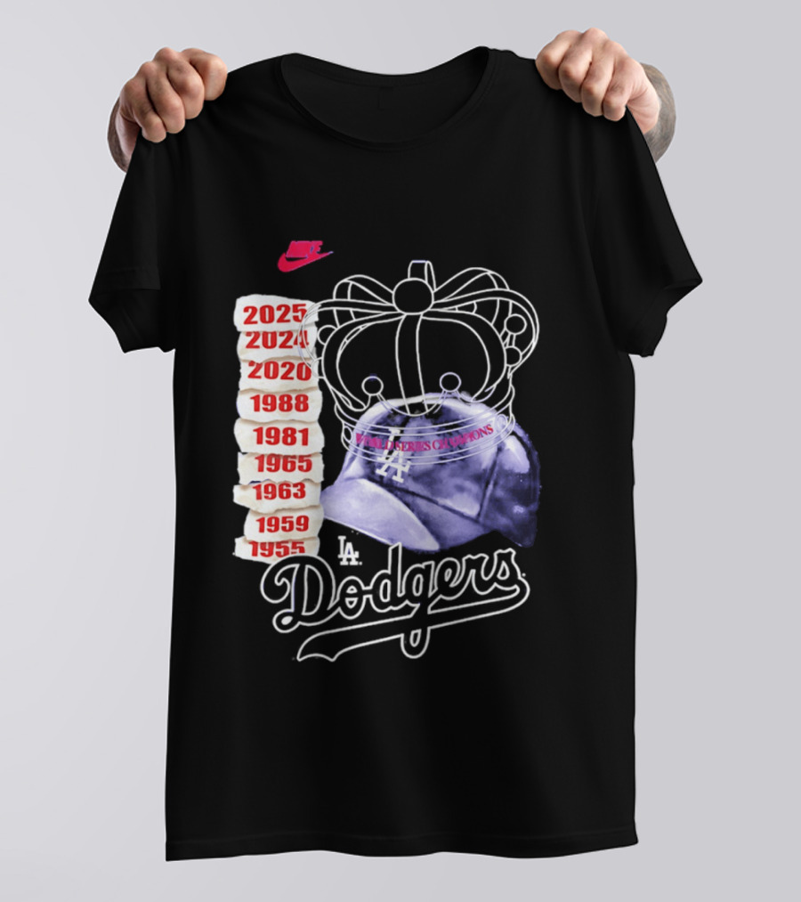Los Angeles Dodgers 9x World Series Champions Crown And Cap 1955 2025 T-Shirt