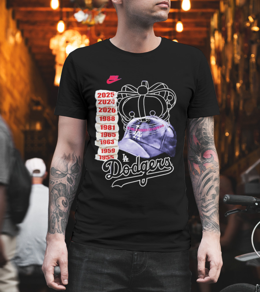 Los Angeles Dodgers 9x World Series Champions Crown And Cap 1955 2025 T-Shirt