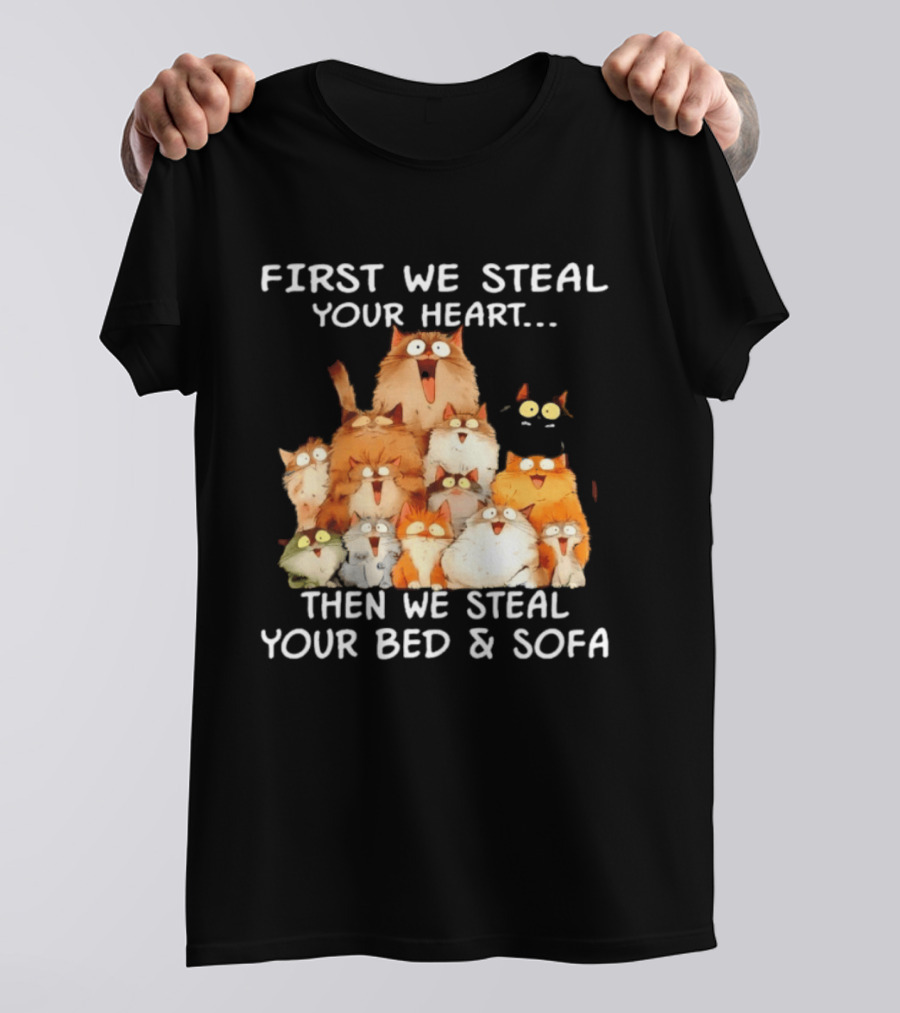 First We Steal Your Heart Then We Steal Your Bed And Sofa Cats Stack T-Shirt