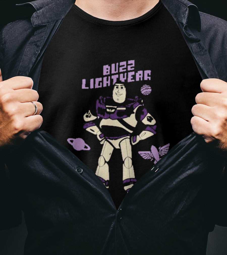 Buzz Lightyear Toy Story 5 Character Illustration With Planets And Rocket Iconography T-Shirt