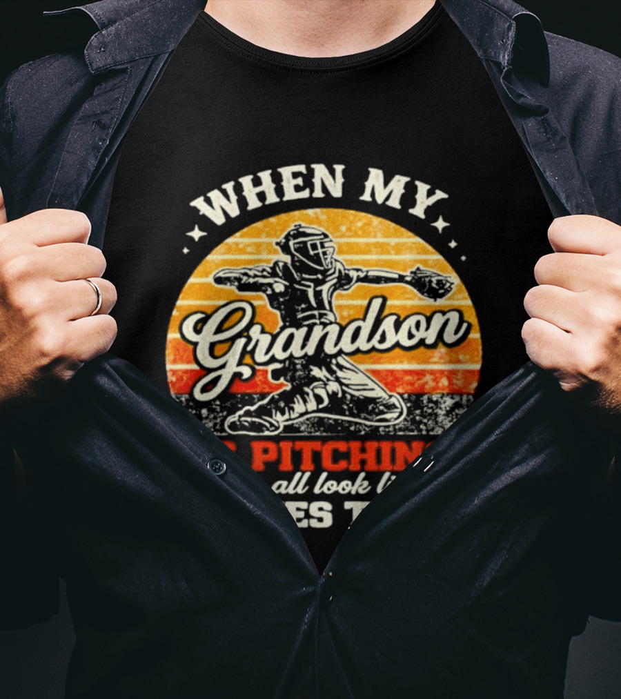 When My Grandson Is Pitching They All Look Like Strikes To Me Grandson Baseball Pitcher Sunset T-Shirt