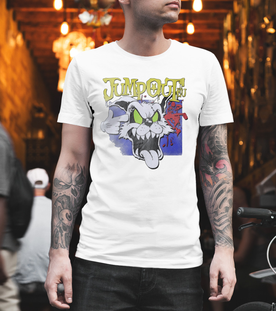 Jumpouteu Pop Culture Cat Creature Teeth Tongue Glove Eyes T-Shirt
