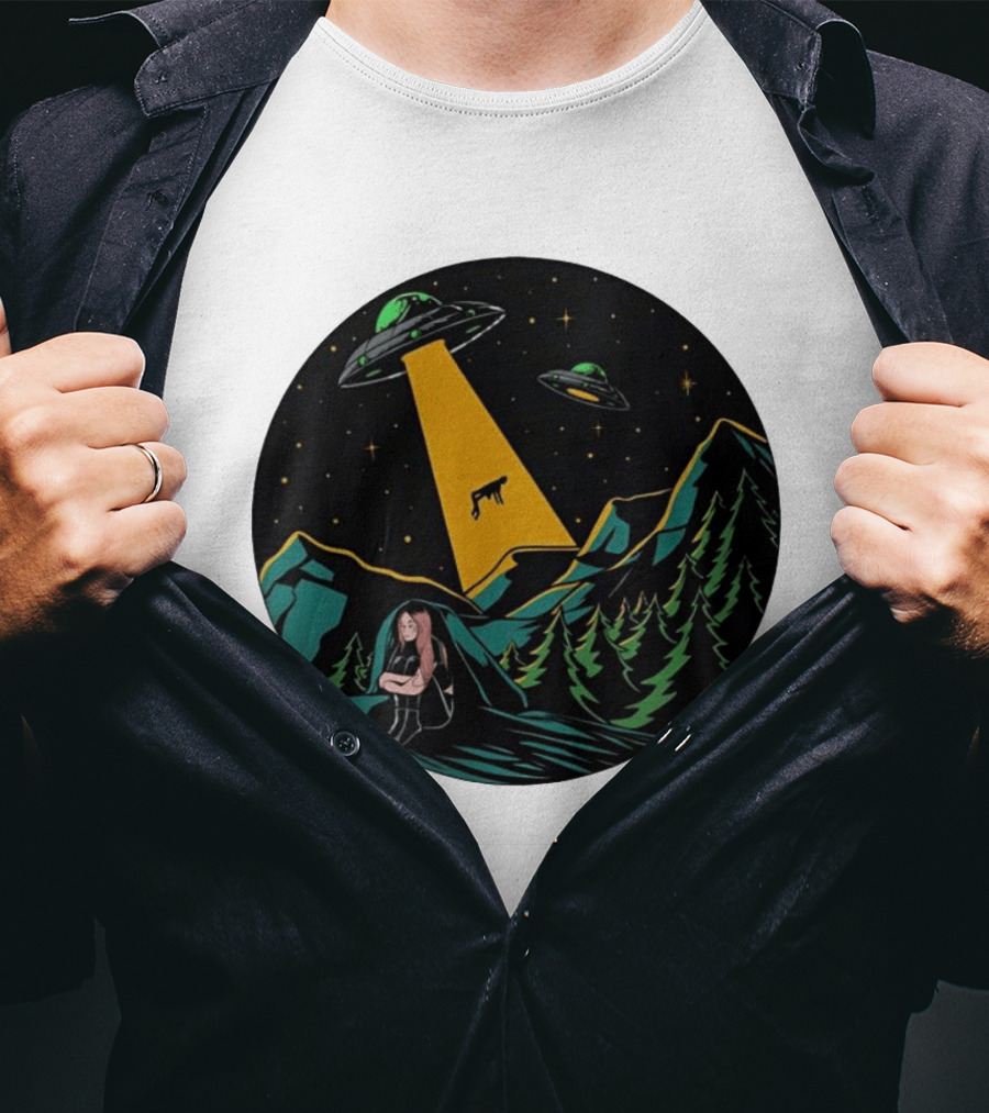 UFOs Aliens Abduction Night Sky Mountains Forest Trees Stars Beam T-Shirt