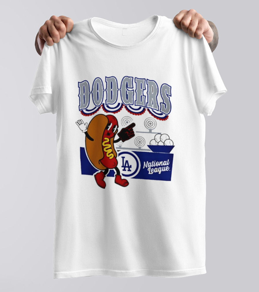 Cartoon Hot Dog Dodgers LA National League Baseball T-Shirt