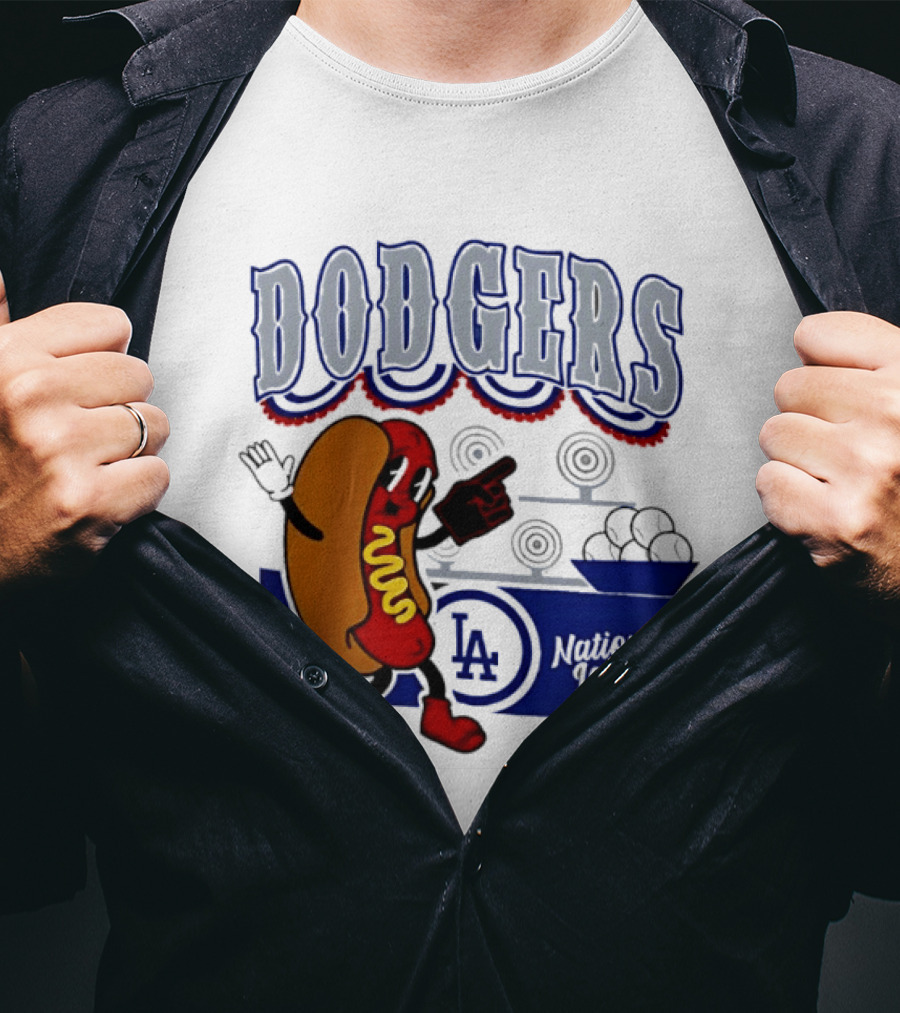 Cartoon Hot Dog Dodgers LA National League Baseball T-Shirt