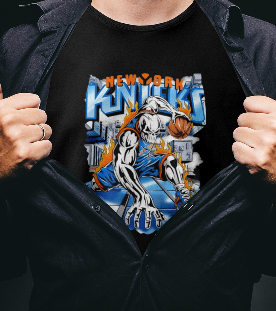 New York Knicks Basketball Urban Street Art Comic Style Flame Warrior T-Shirt
