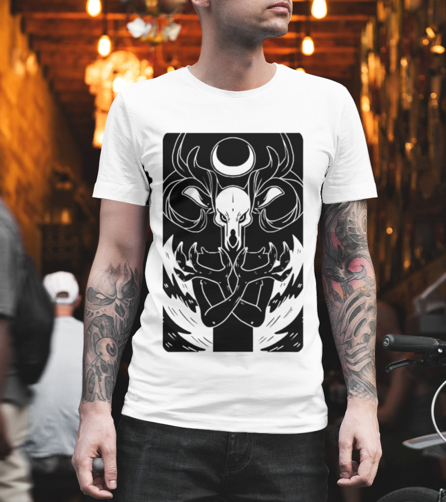 Deer Skull Antlers Crescent Moon Spirit Hands Rays Ritual Mystical Symbolism T-Shirt