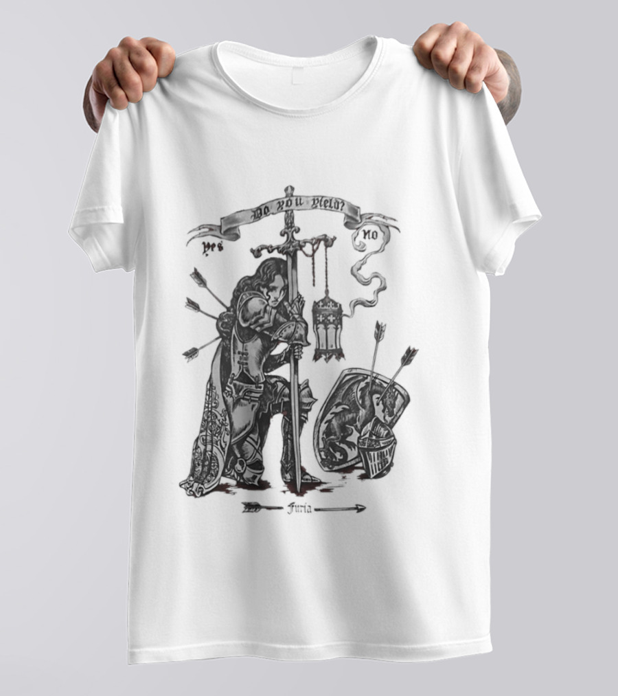 Knight Sword Shield Arrows Lantern Helmet Furia Do You Yield Yes No T-Shirt