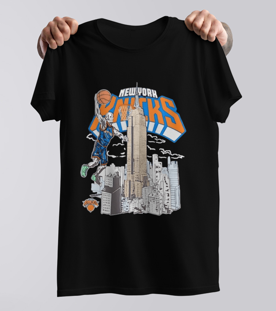 New York Knicks Skeleton Basketball Player Empire State Building Slam Dunk NBA T-Shirt