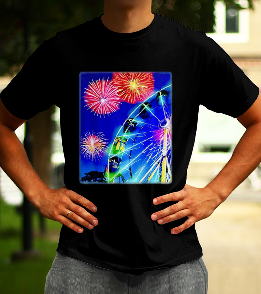 Ferris Wheel Fireworks Night Display Blue Sky T-Shirt