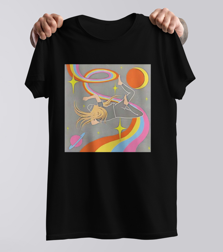 Rainbow Swirl Stars Crescent Moon Planet Orbit Cosmos Night Galaxy T-Shirt
