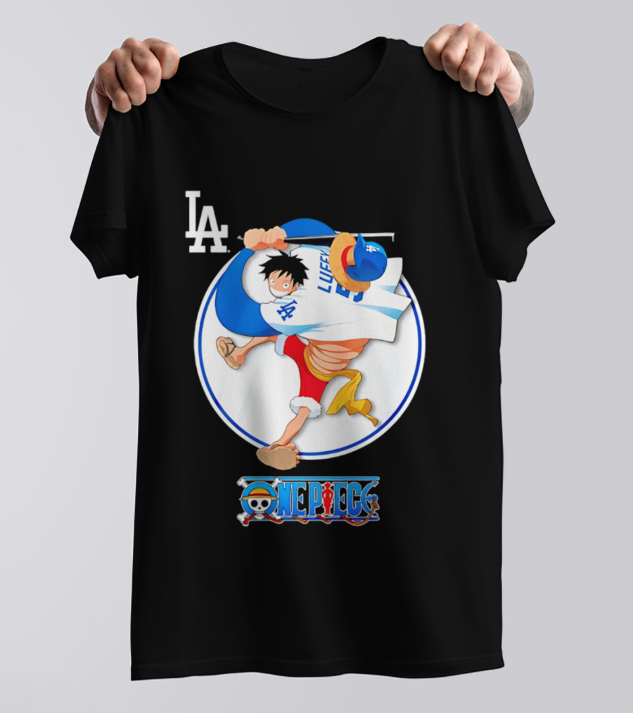 Los Angeles Dodgers Luffy OnePiece Collaboration With LA Logo And One Piece Branding T-Shirt