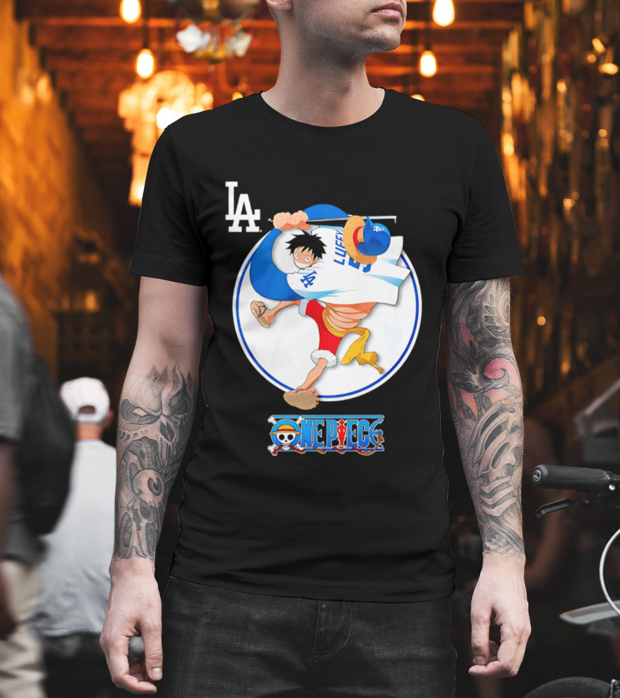 Los Angeles Dodgers Luffy OnePiece Collaboration With LA Logo And One Piece Branding T-Shirt