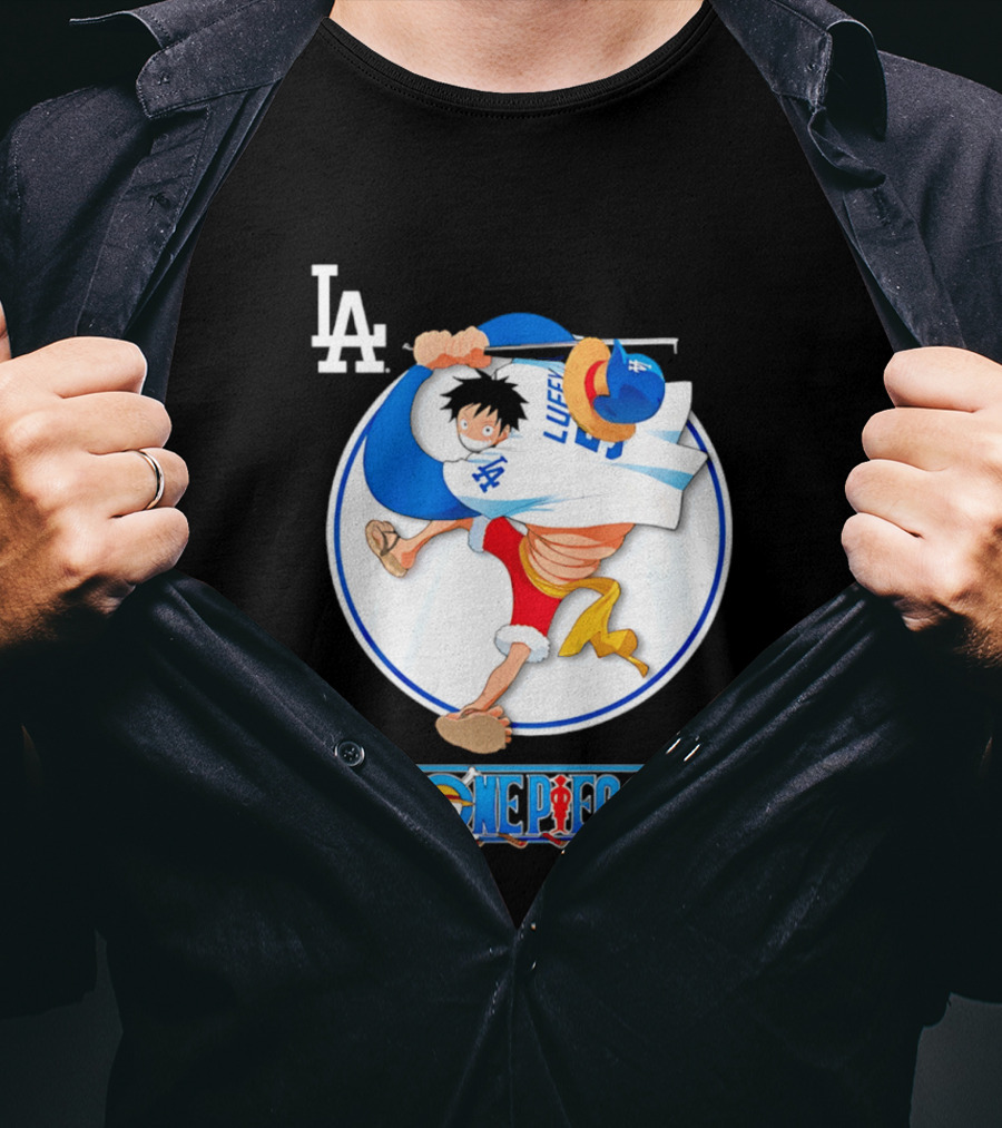 Los Angeles Dodgers Luffy OnePiece Collaboration With LA Logo And One Piece Branding T-Shirt