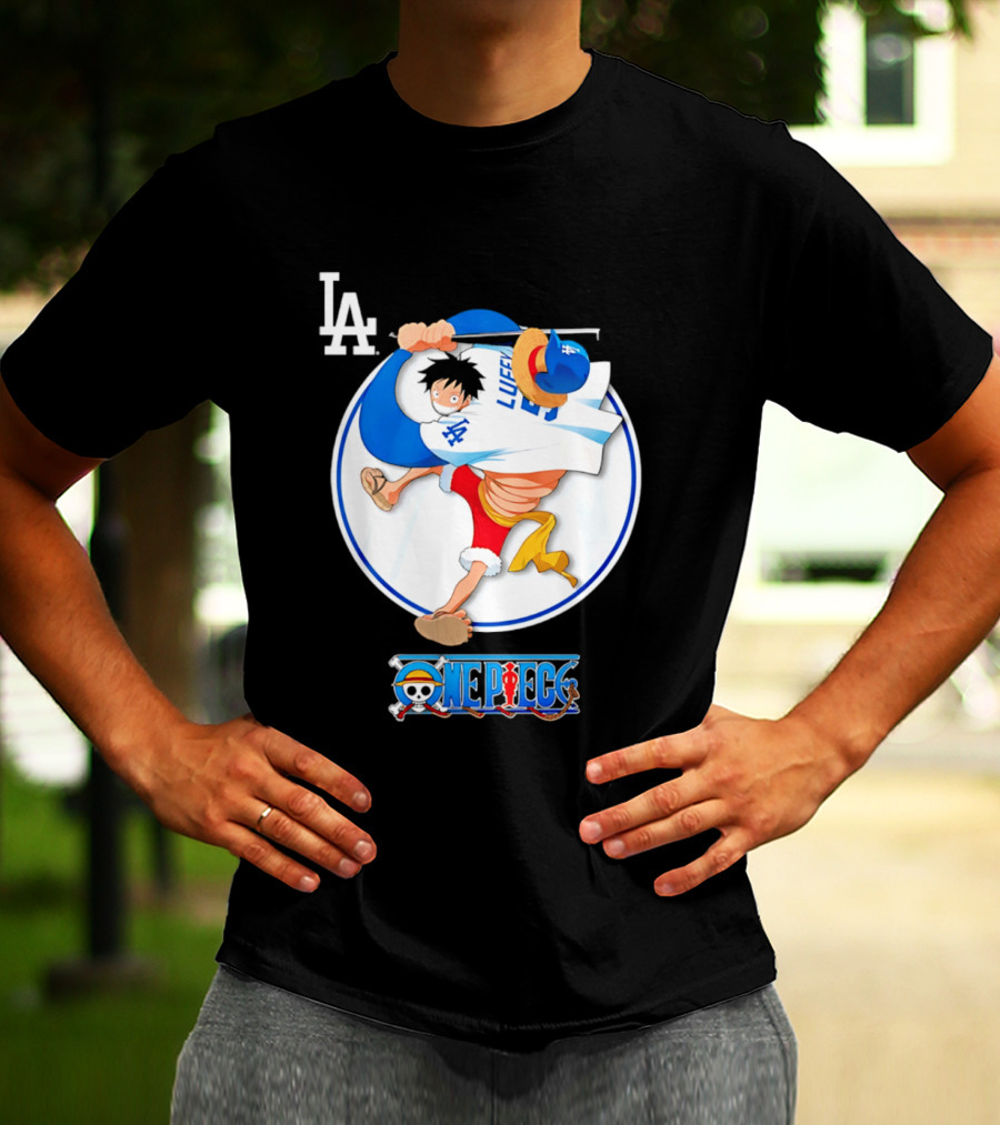 Los Angeles Dodgers Luffy OnePiece Collaboration With LA Logo And One Piece Branding T-Shirt