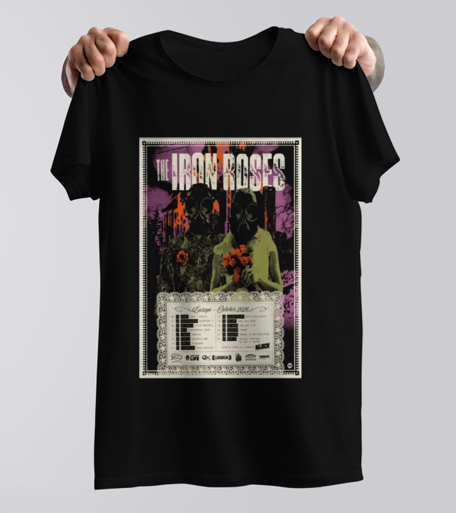 The Iron Roses Tour Europe 2026 October Dates With Gas Masks And Roses T-Shirt