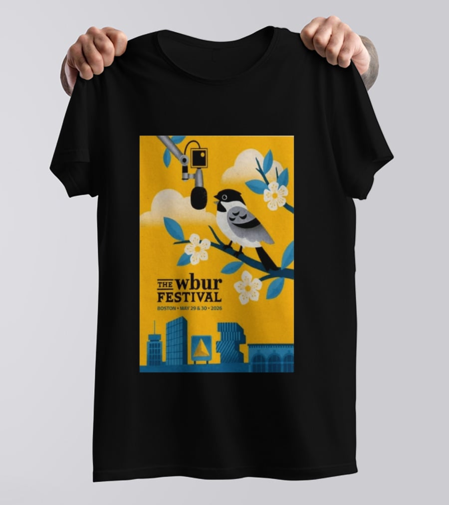The Wbur Festival Boston 2026 Yellow Bird Microphone Urban Skyline T-Shirt