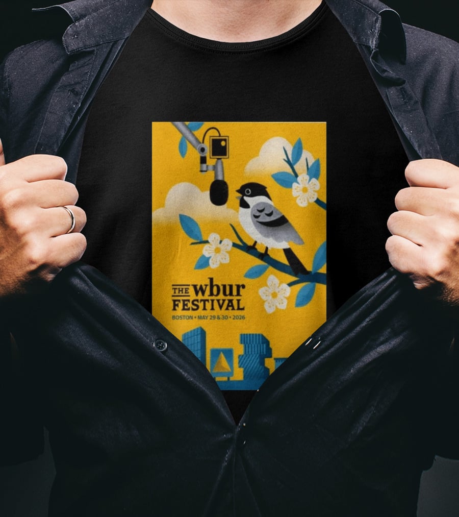 The Wbur Festival Boston 2026 Yellow Bird Microphone Urban Skyline T-Shirt