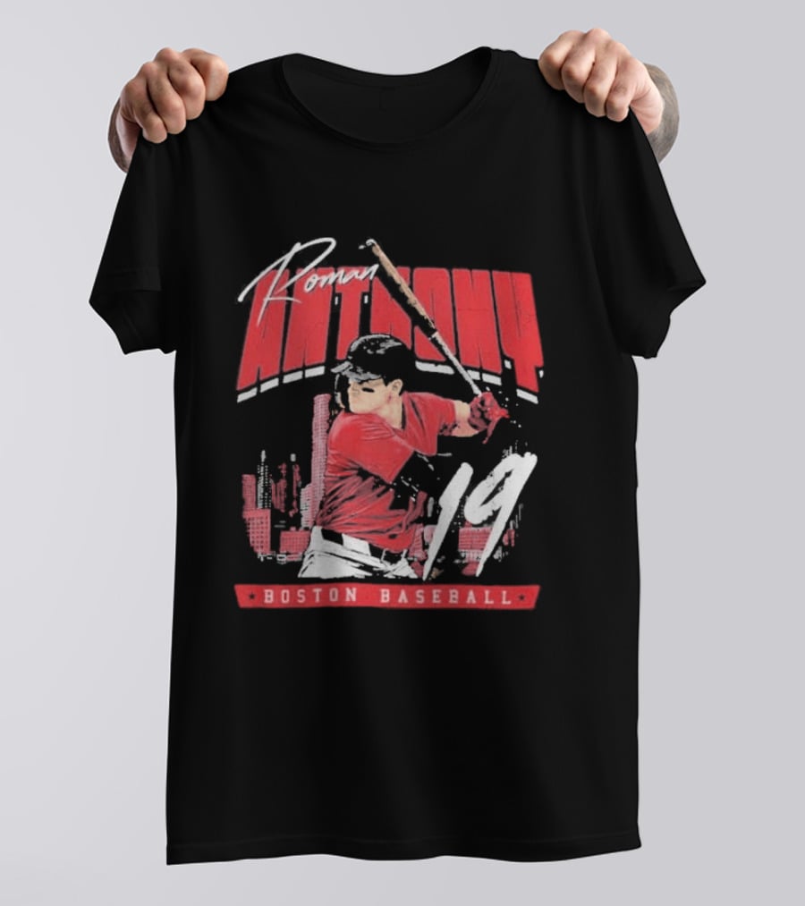 Roman Anthony 19 Boston Baseball Skyline Batting Scene T-Shirt