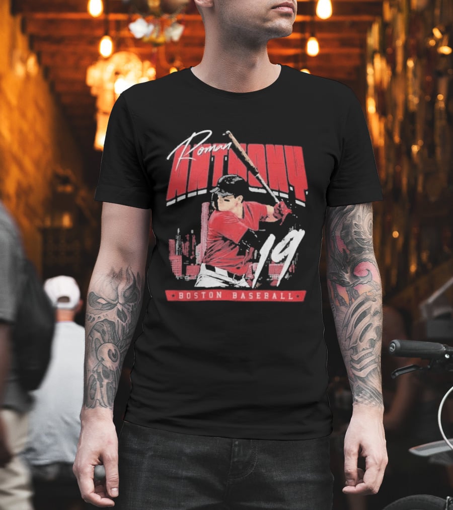 Roman Anthony 19 Boston Baseball Skyline Batting Scene T-Shirt