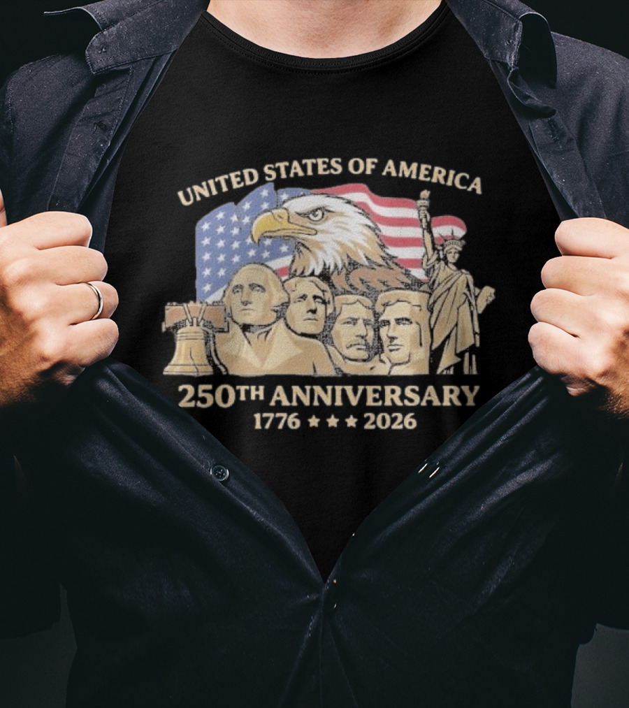 United States Of America 250th Anniversary 1776 2026 Patriotic Bald Eagle Liberty Bell Mount Rushmore Statue Of Liberty T-Shirt