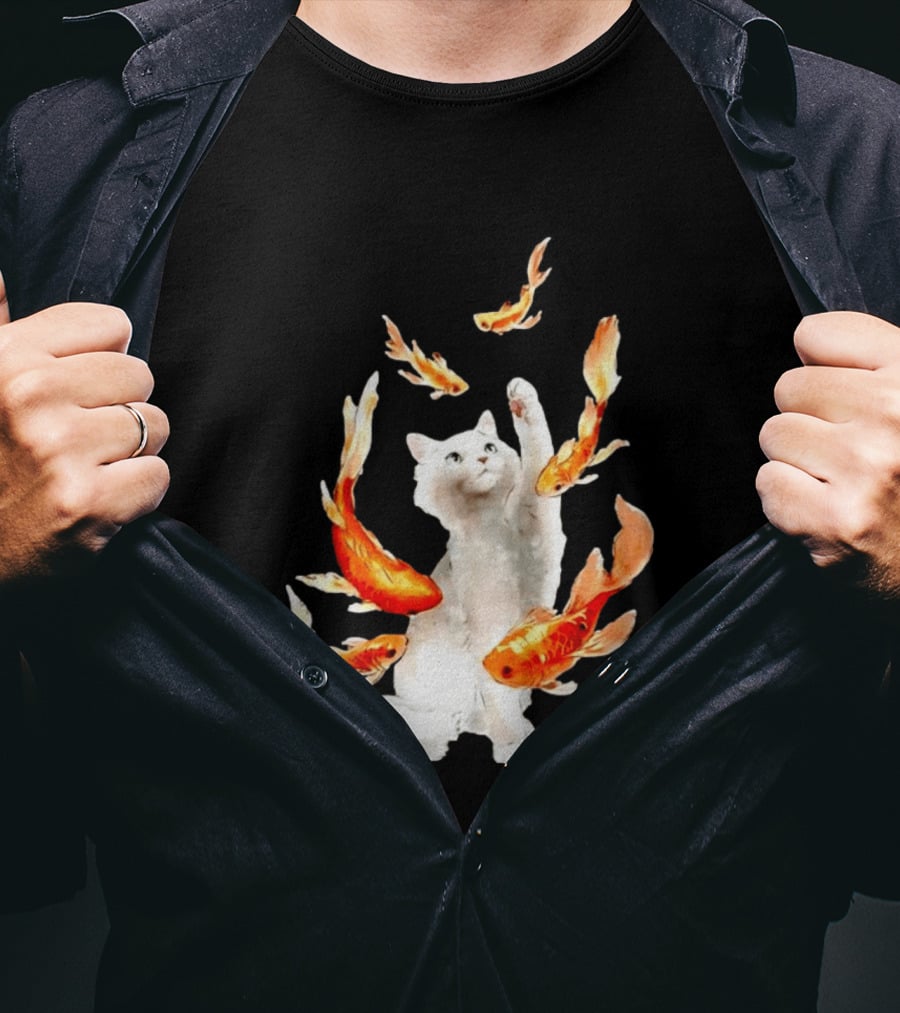 Playful White Cat Surrounded By Goldfish T-Shirt