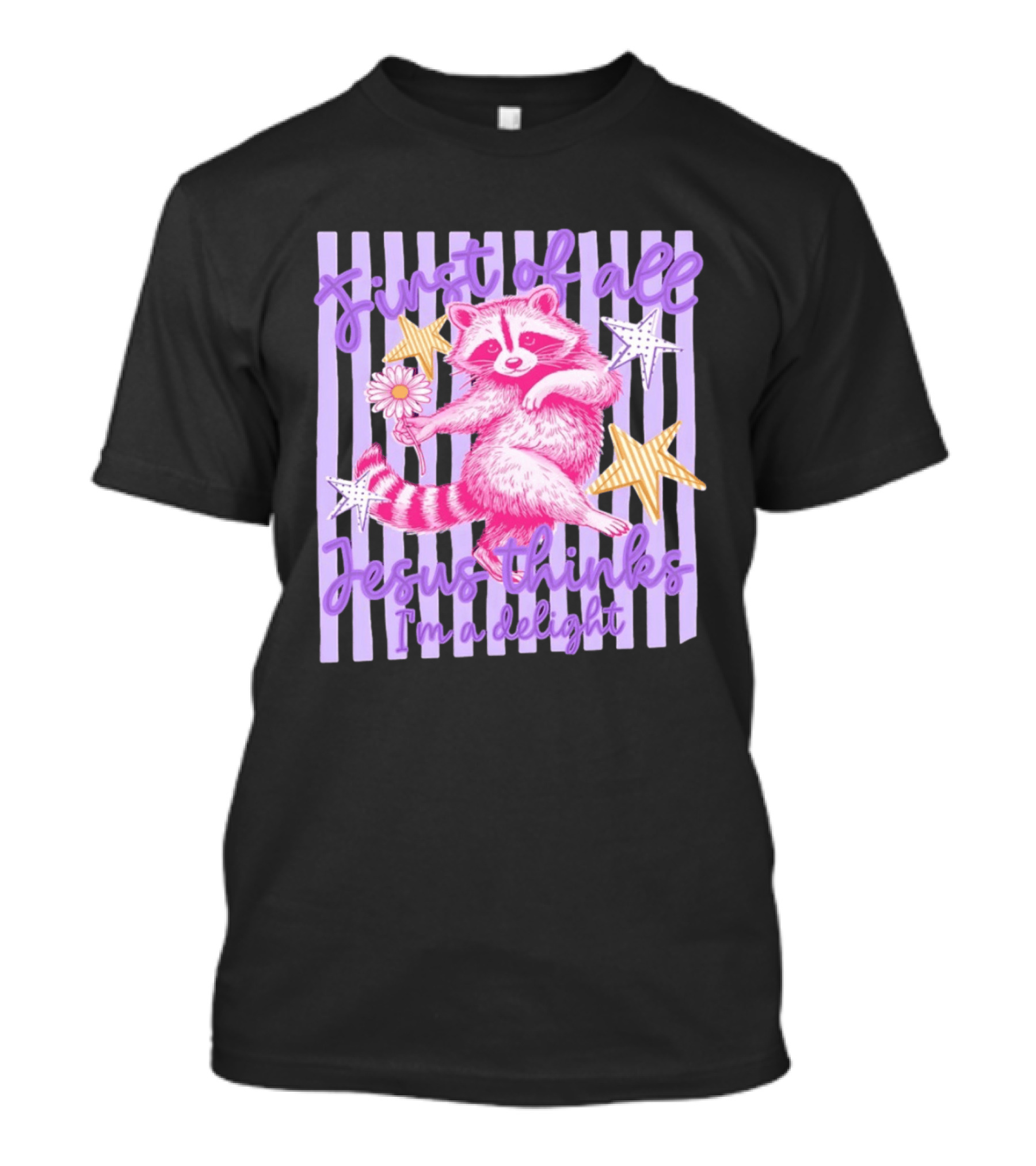 First Of All Jesus Thinks I'm A Delight Raccoon With Daisy And Stars T-Shirt