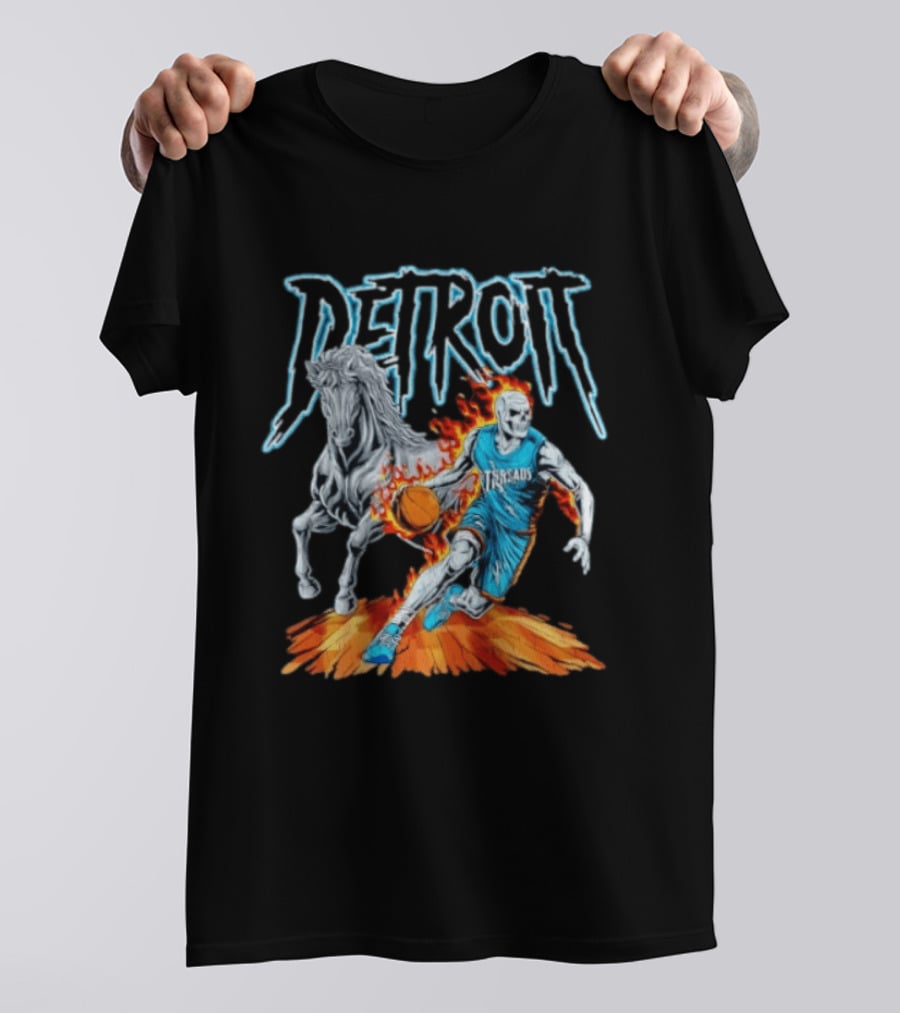Detroit Skeleton Basketball Player With Fiery Basketball And Horse T-Shirt