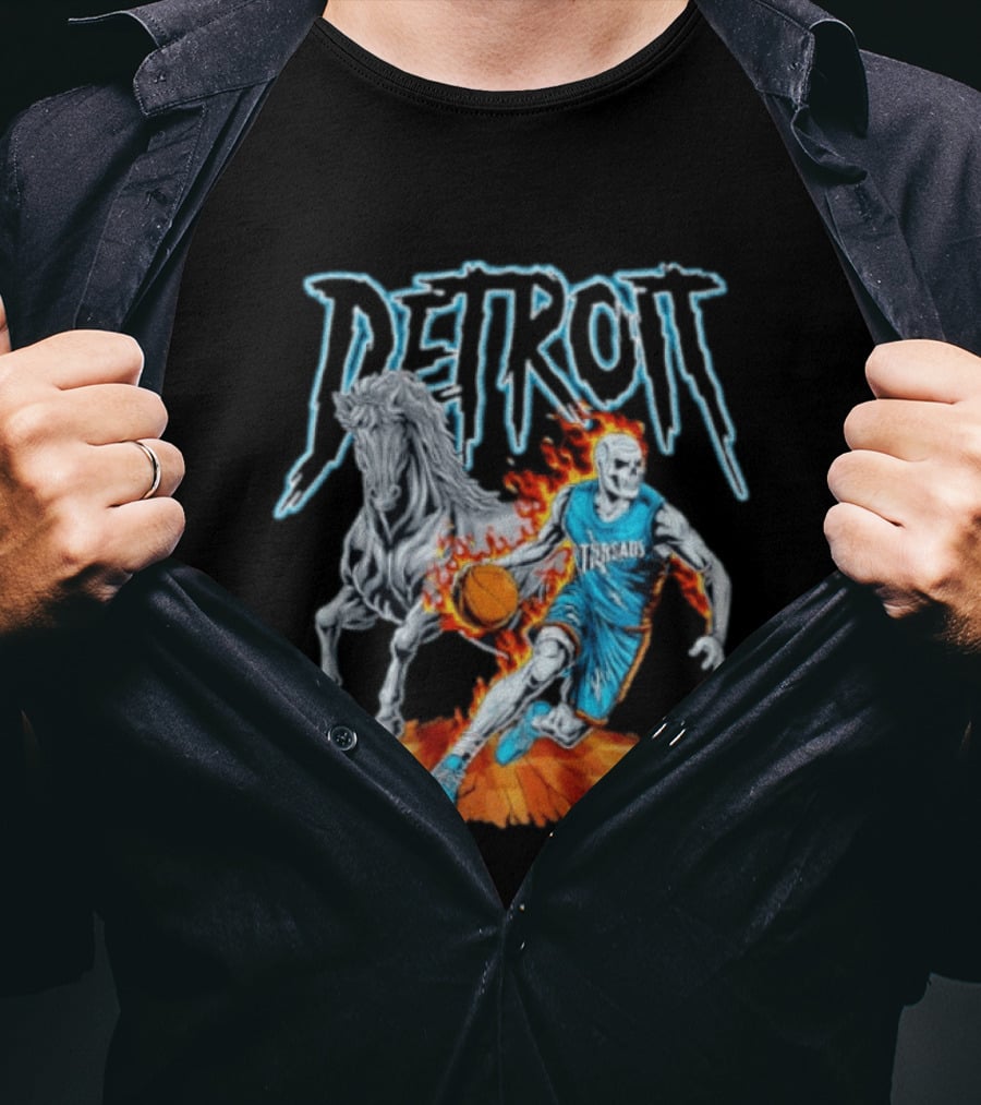 Detroit Skeleton Basketball Player With Fiery Basketball And Horse T-Shirt