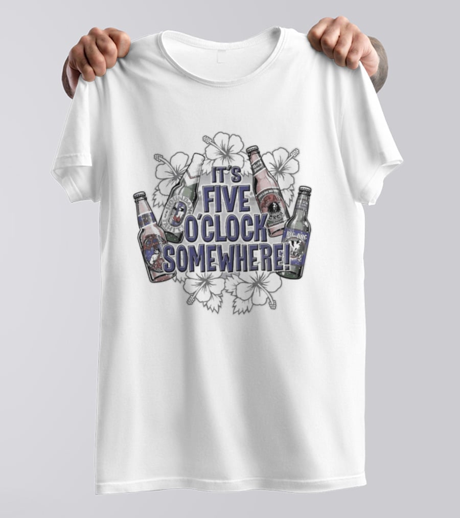 It's Five O' Somewhere Beer Bottles And Tropical Flowers T-Shirt