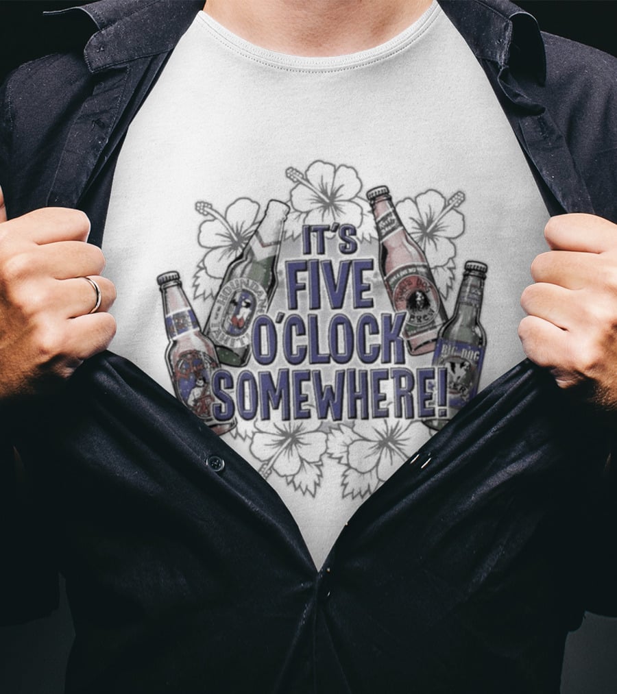 It's Five O' Somewhere Beer Bottles And Tropical Flowers T-Shirt