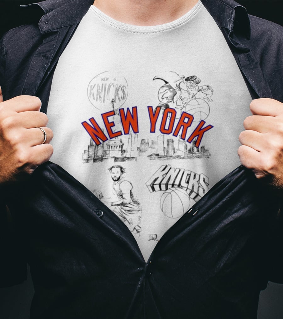 New York Knicks Skyline Basketball Player Graphic Cityscape Iconic Landmarks T-Shirt