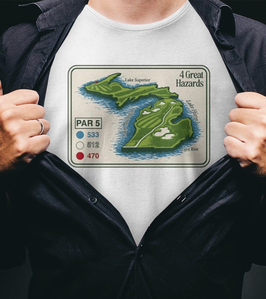 Michigan Golf Par 5 Course Map With 4 Great Hazards Lake Superior Huron Erie T-Shirt