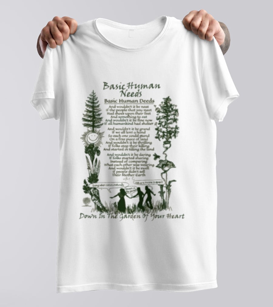 Basic Human Needs Basic Human Deeds Down In The Garden Of Your Heart Vintage Beige Forest Scene T-Shirt